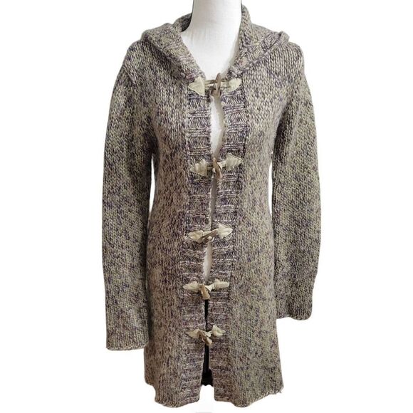 Kenji Hooded Duster Cardigan Acrylic Wool Blend Horn Buttons Sz L Multicolor - Picture 1 of 6